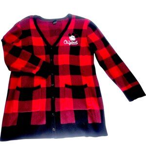 Disney Mickey Mouse Plaid Knit Cardigan Sweater Red Black 1